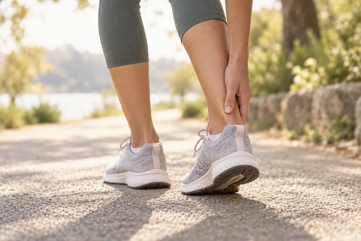 A runner reaching for a sore ankle.