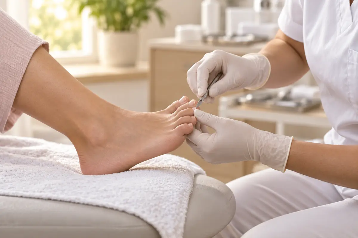 A hand beside a foot during an examination.