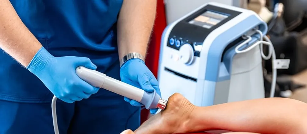 A clinician applying shockwave therapy to a patient's foot.